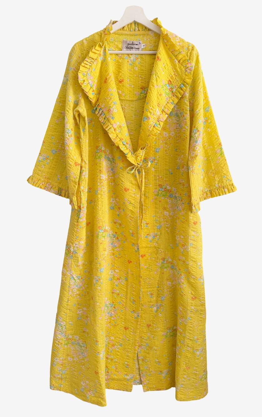 Vtg 70s's David Brown Saks Yellow Floral Robe House Coat Ruffled Coquette S